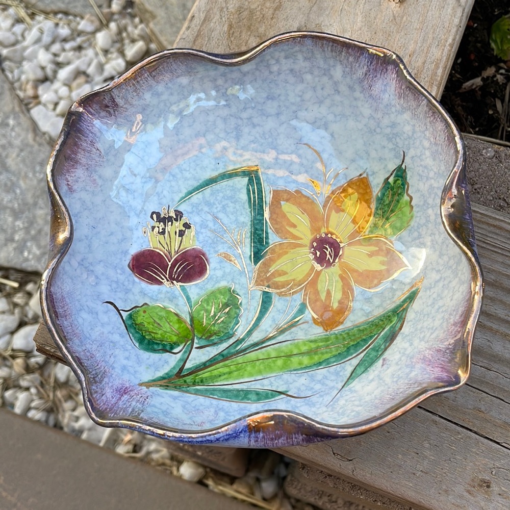 Vintage Italian Hand Painted Floral Ceramic Bowl w Gold Accents, Made in Italy